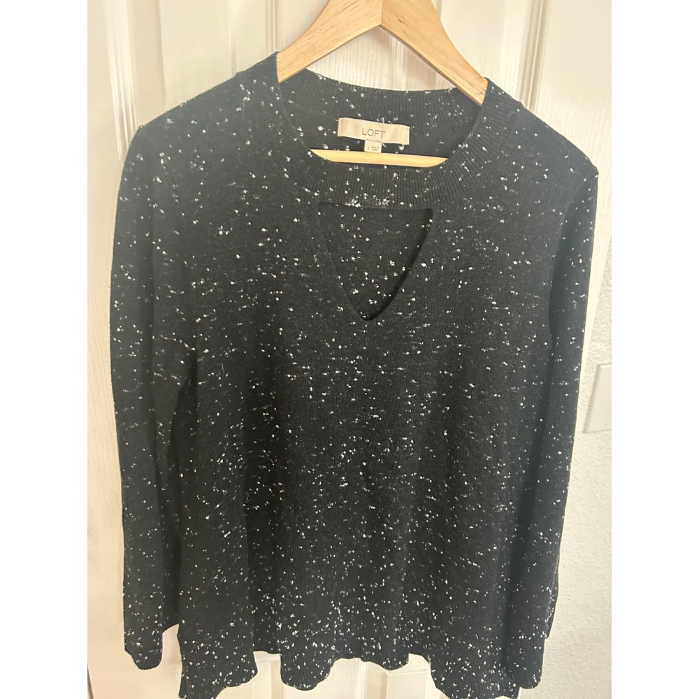 Loft Womens Black White Speckled Cutout V-Neck‎ Knit Sweater Large Long Sleeve